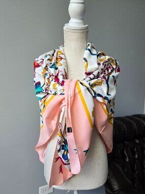 Floral Bohemian Patterned Scarf Cream Pink Blue Gold Colors, Size: 51 X 51 inch